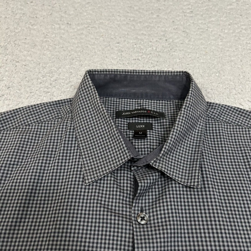 John Varvatos Shirt Mens Medium Gray‎ Black Gingham Plaid Luxe Button Up Adult - Picture 3 of 11